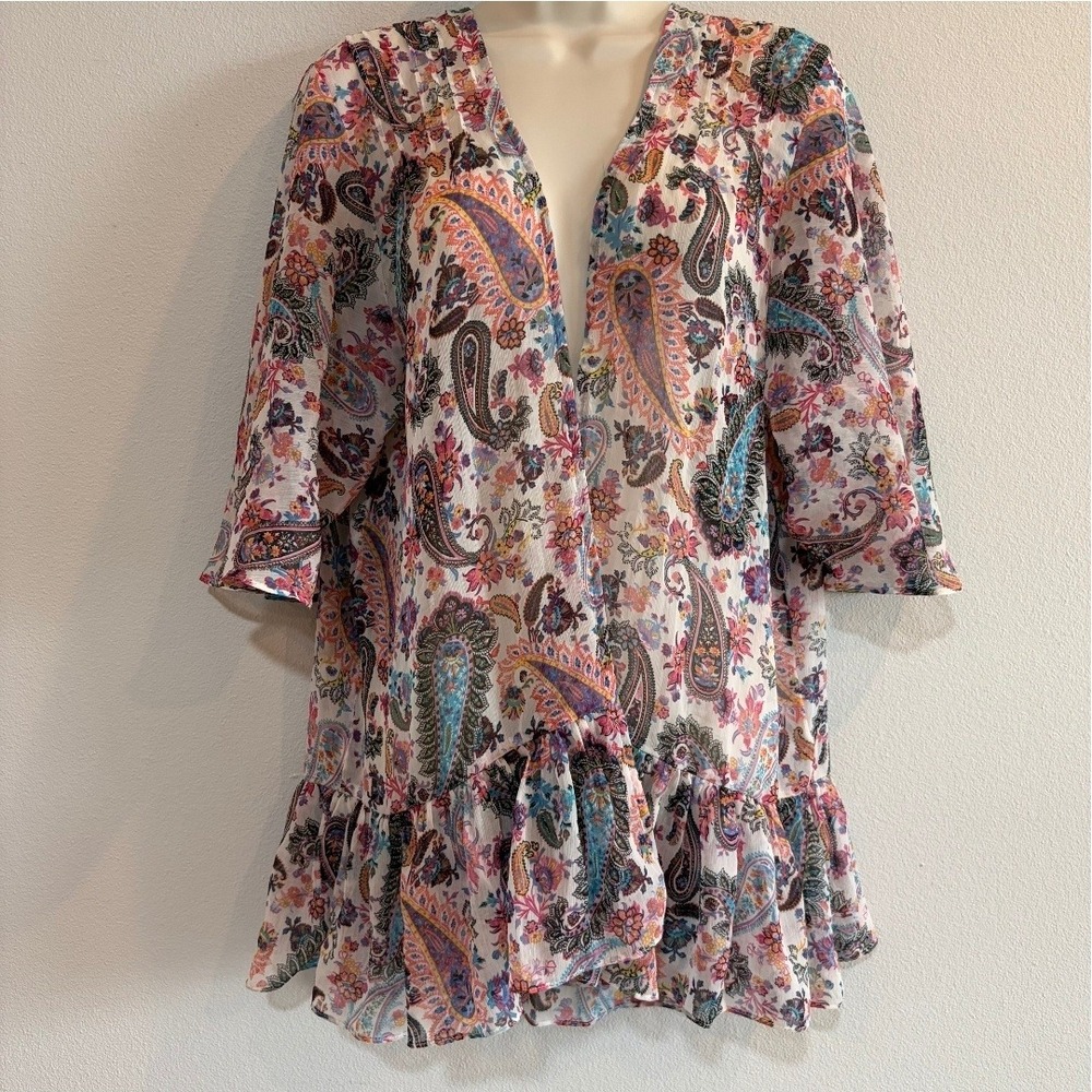 American Eagle Paisley Floral Ruffle Kimono Cardigan Boho Festival Cover Up Med